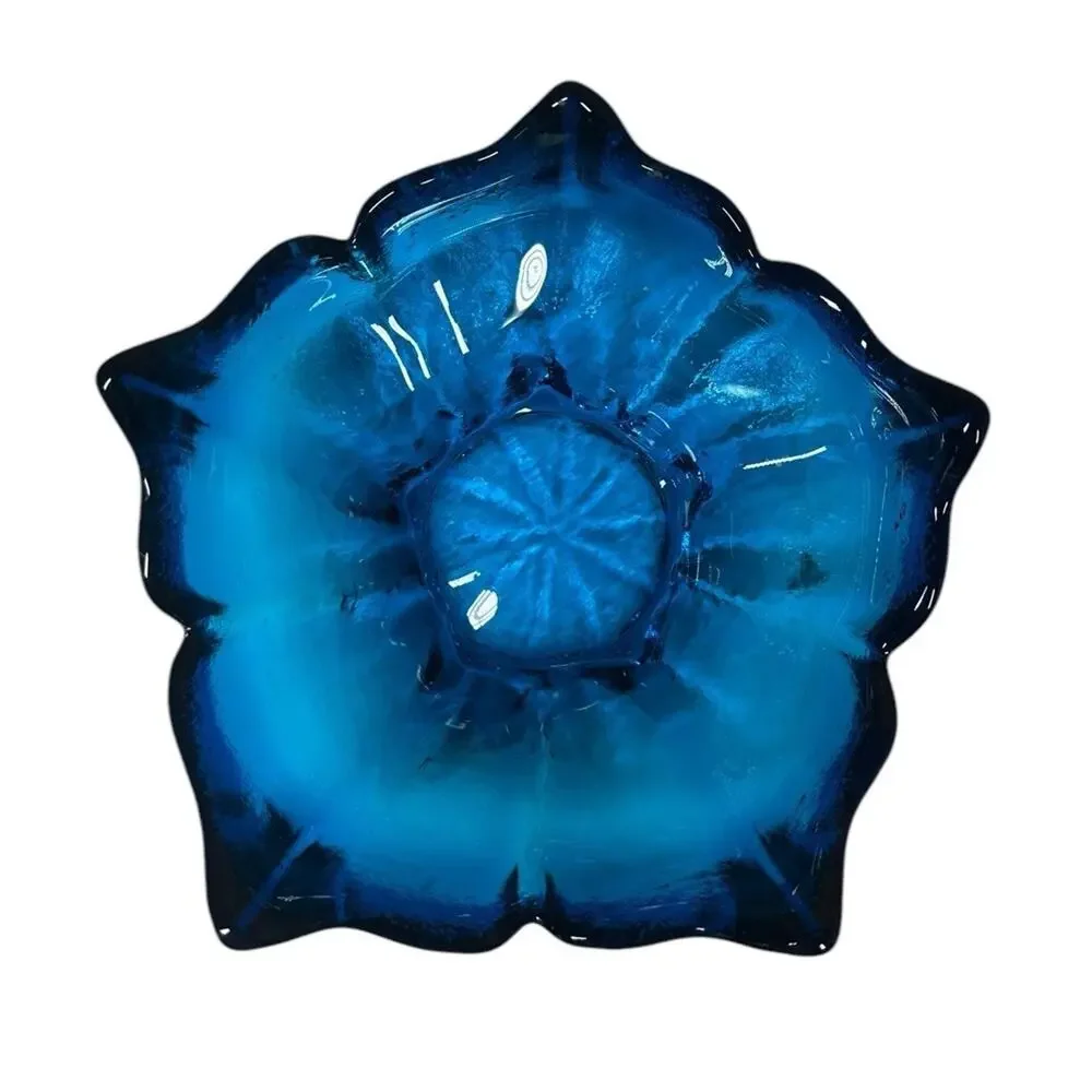 Vintage Blue Glass Lotus Bowl with Carved Wooden Intertwined Tripod Stand India - Picture 7 of 11